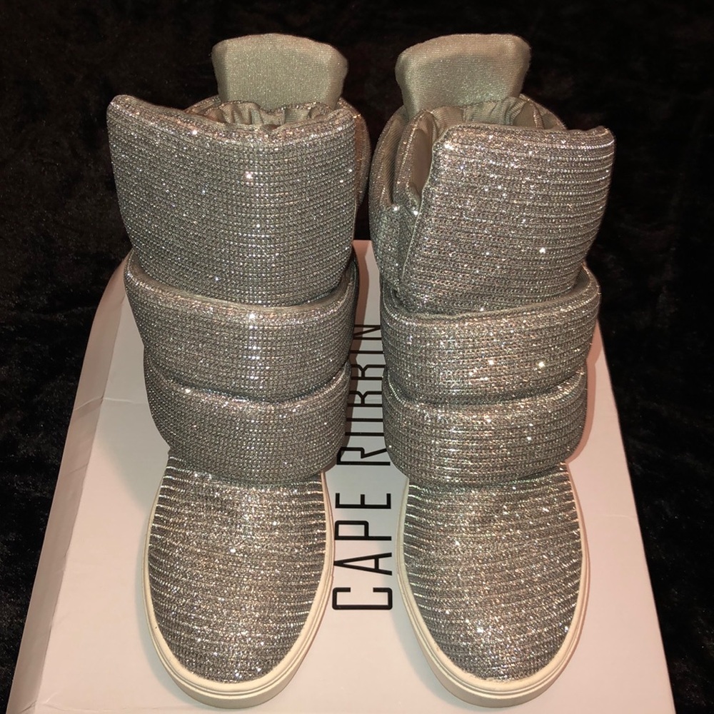 Futuristic silver sparkly wedge sneakers
